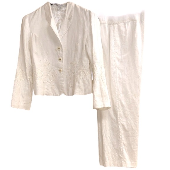 Carole Little White Linen Embroidered Pantsuit 90’s Wide Leg Tailored Fit Sz 6 - Picture 15 of 15